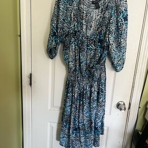 Ashley Stewart Blue and Black Patterned Long Sleeve Dress